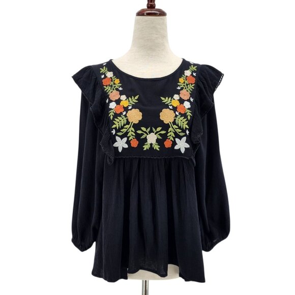NEW In Loom Womens XS Top Embroidered Floral Tunic Peasant Black Multicolor Boho - Picture 12 of 12